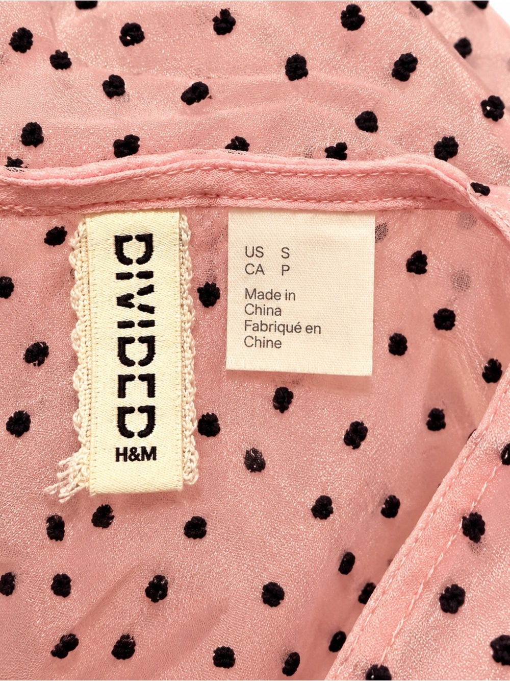 H&M Divided Pink Black Polka Dot Sheer Puff Sleeve Tiered Dress S - Picture 5 of 6